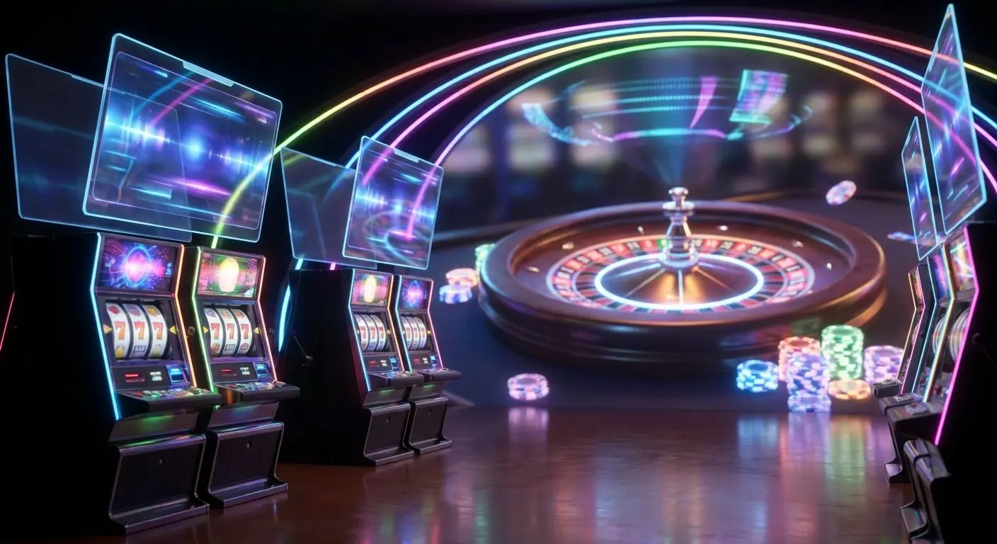 Ilustração com slots coloridas e roleta a representar variedade de jogos