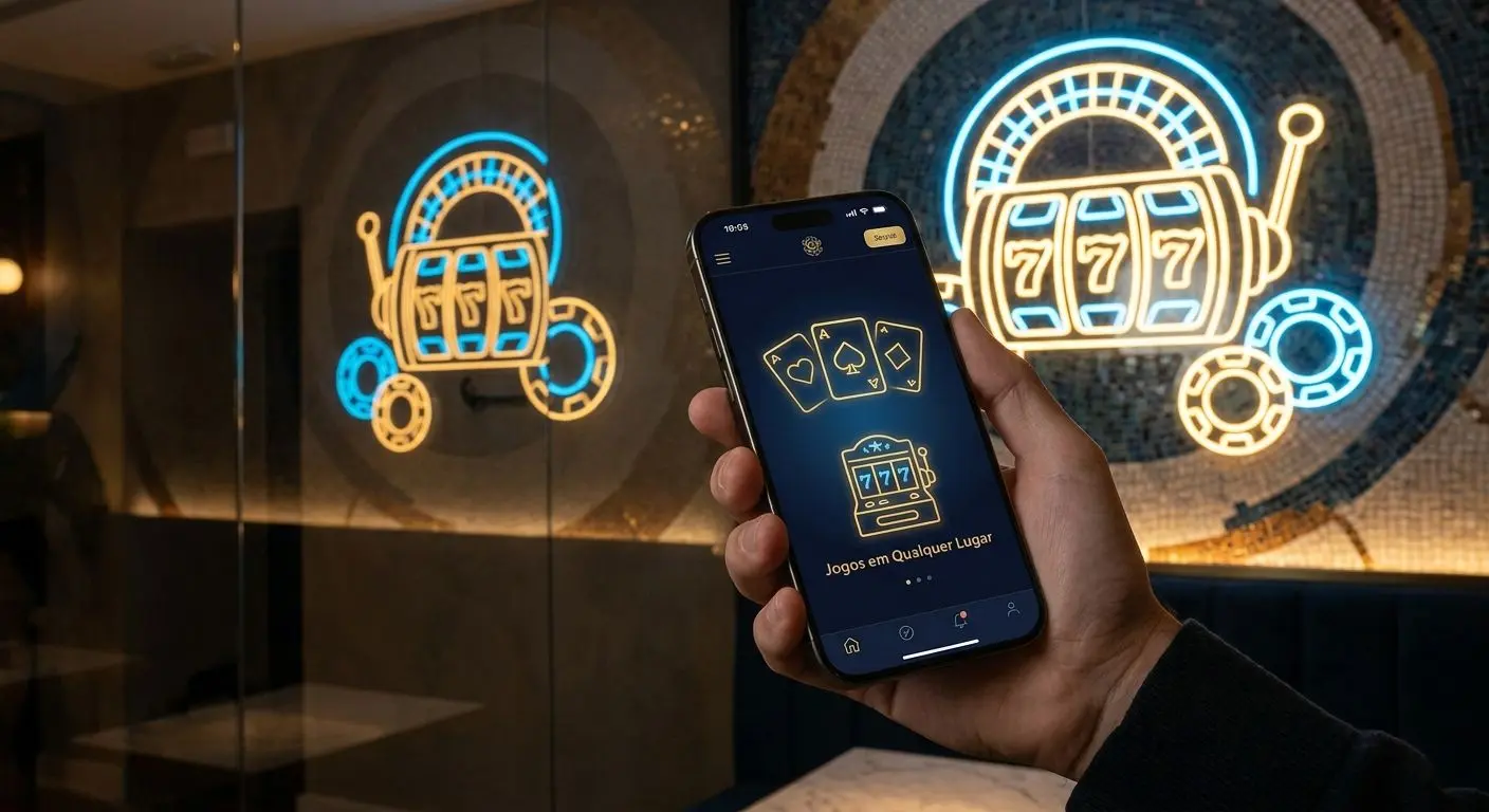 Telemóvel com a app Solverde aberta e elementos visuais de jogos em fundo discreto