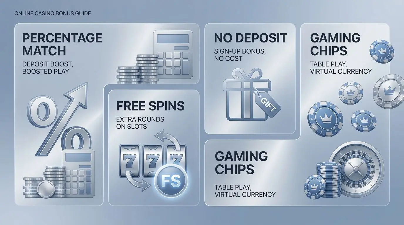 Colagem informativa com tipos de bónus, free spins e fichas
