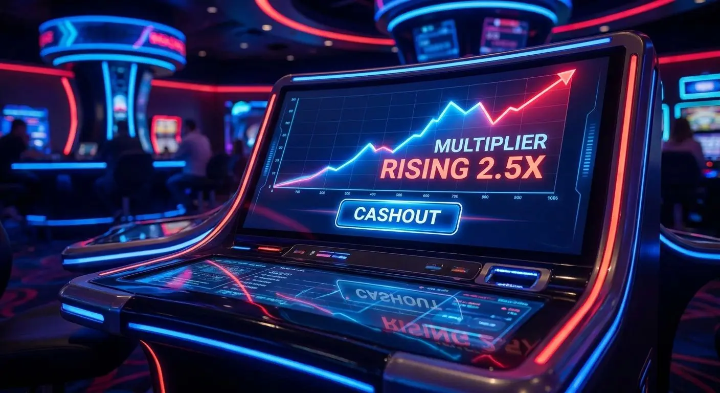 Gráfico de multiplicador e botão de cashout num jogo crash