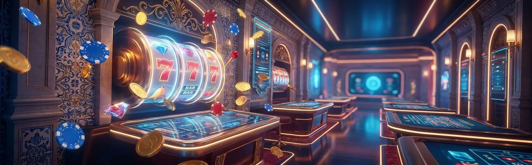 Banner promocional com reels, fichas e símbolos de slots em ambiente digital