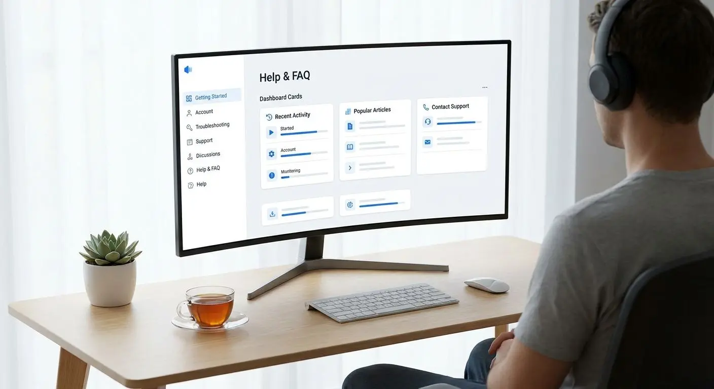 Ecrã com interface de ajuda e FAQ organizada por categorias
