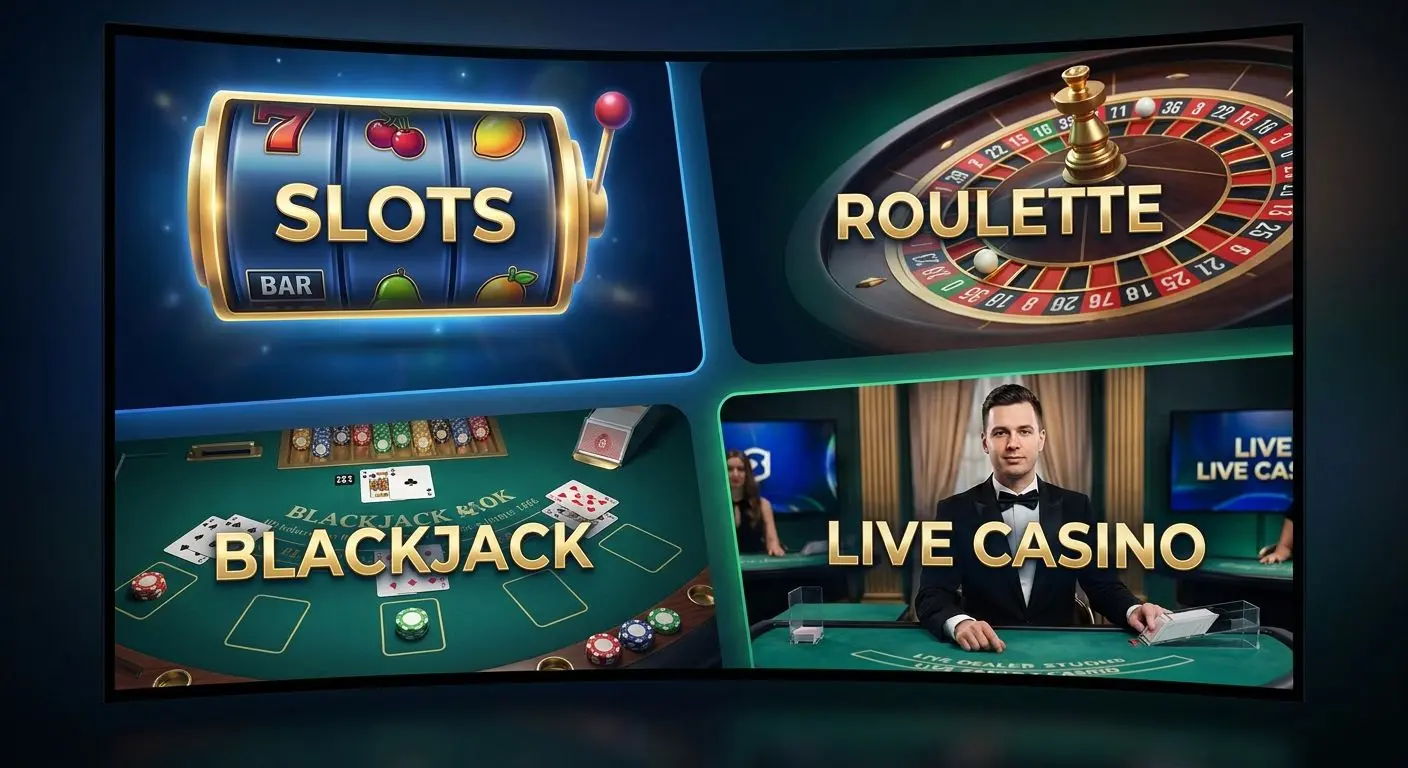 Colagem com slots, roleta, blackjack e jogos ao vivo