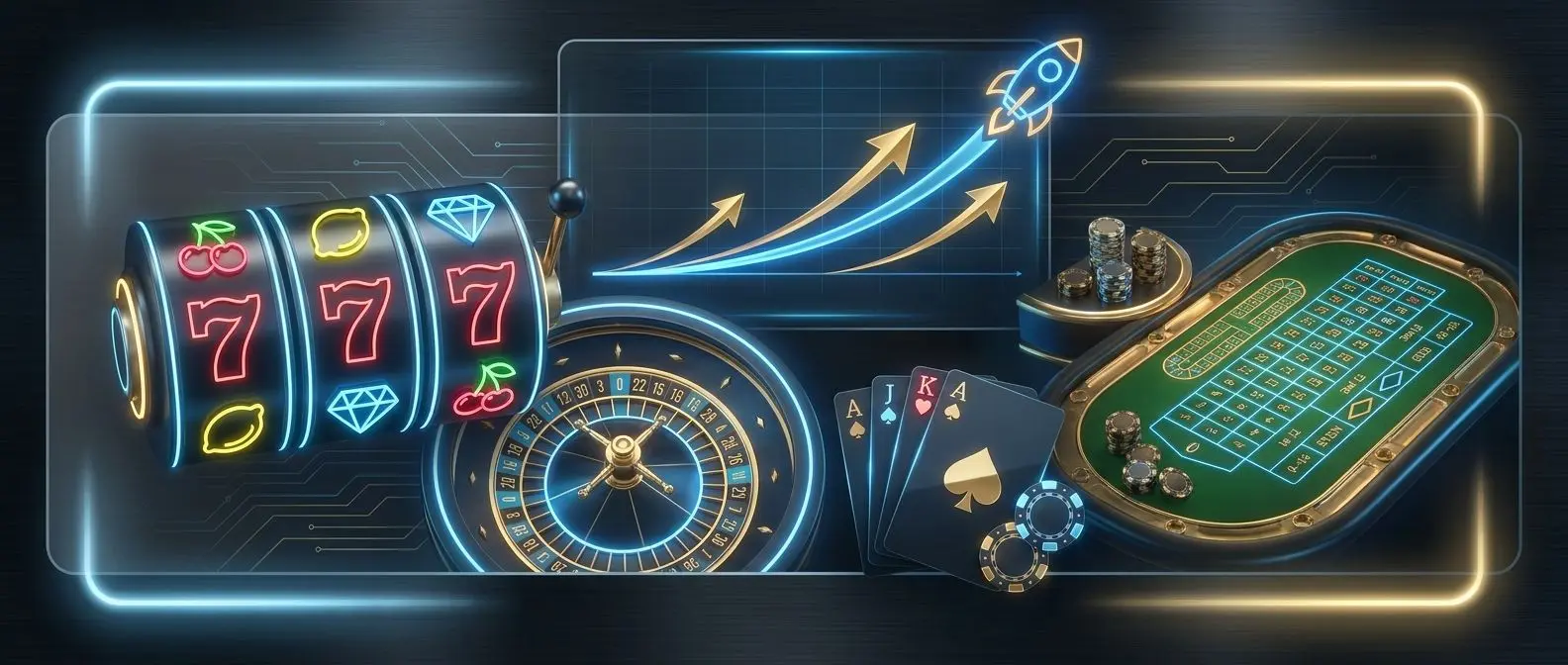 Colagem de tipos de jogos online com slots, roleta, blackjack e jogos rápidos