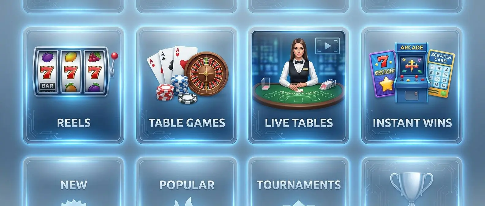 Vista geral de lobby com várias categorias de jogos online