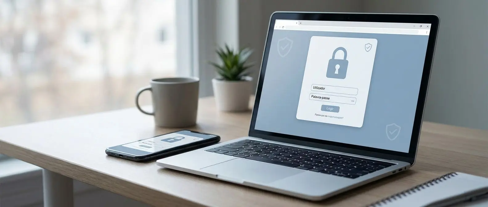 Laptop e smartphone com ecrã de acesso seguro a conta online