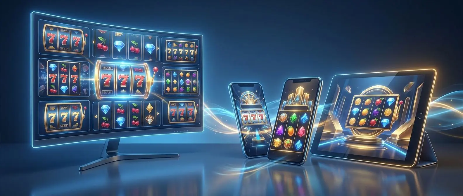 Coleção de slots online em ecrã de computador e telemóvel