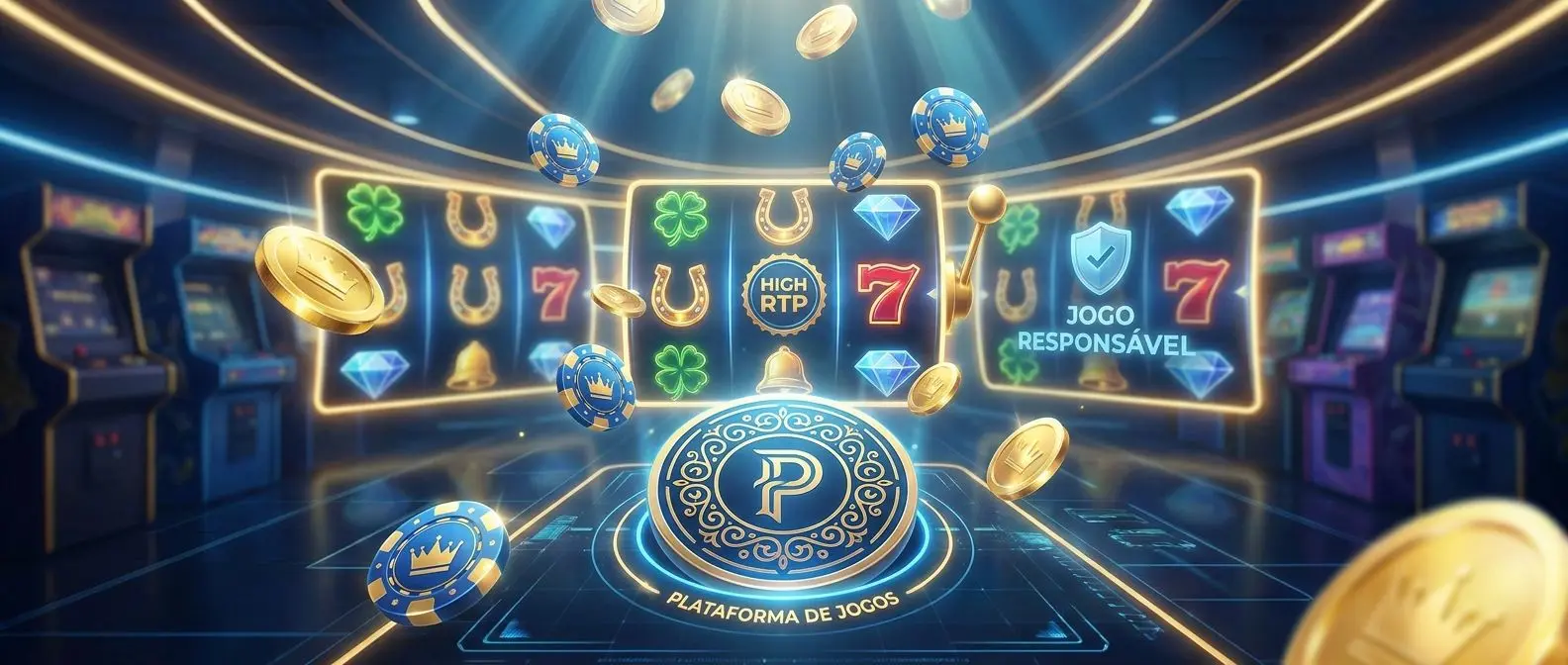 Banner com slots em ecrã, moedas a cair e ambiente de jogo online responsável