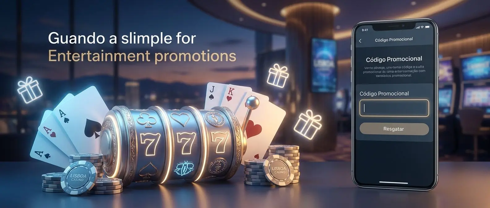 Banner com elementos de promoções online, interface de registo e ambiente de slots