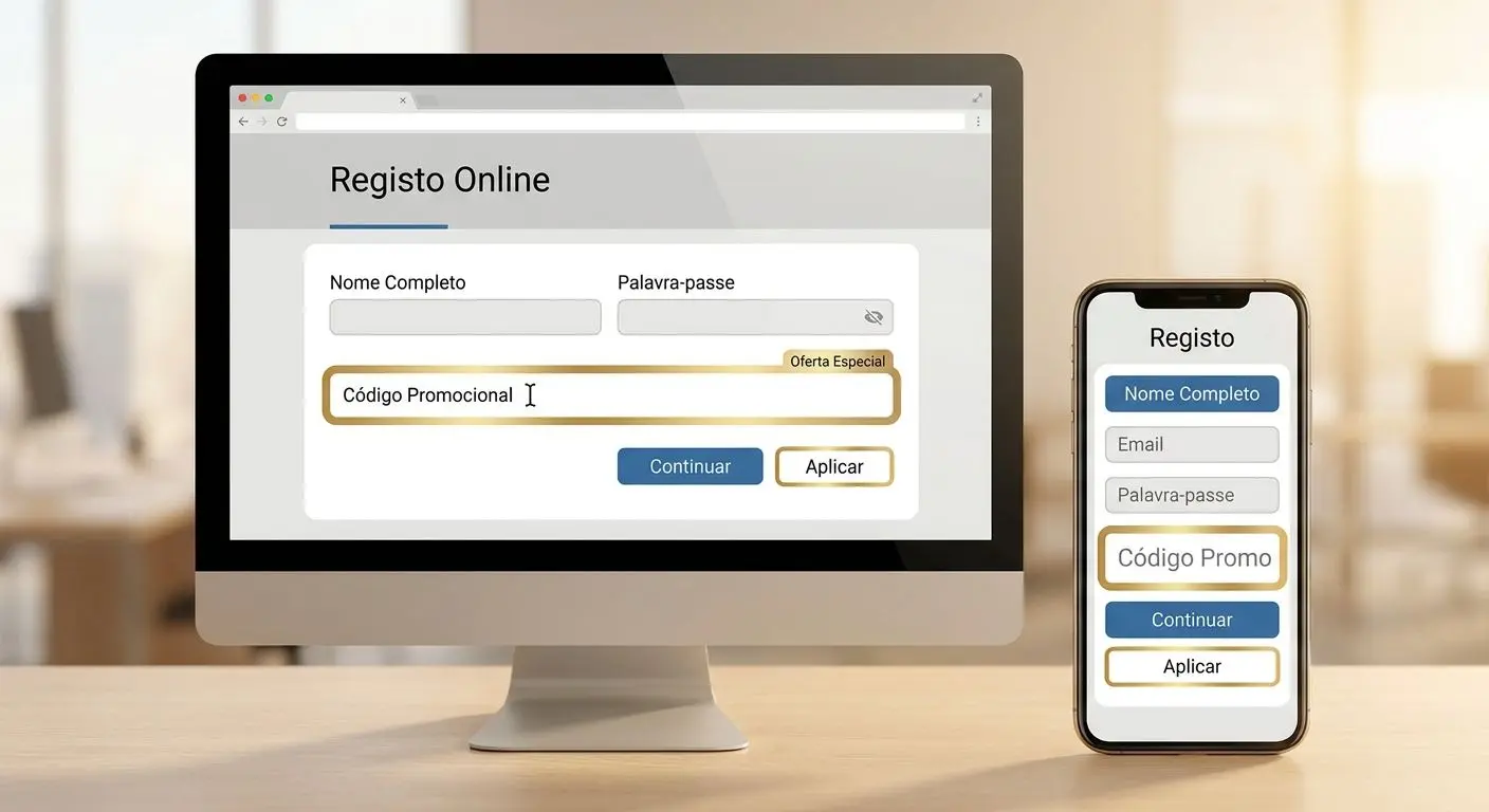 Interface ilustrativa de registo com campo de código promocional em destaque